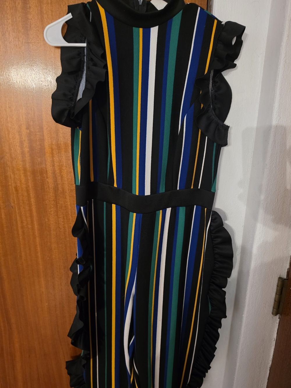 Striped Ruffle Sheath Dress - Black with Blue, Green & Yellow Stripes